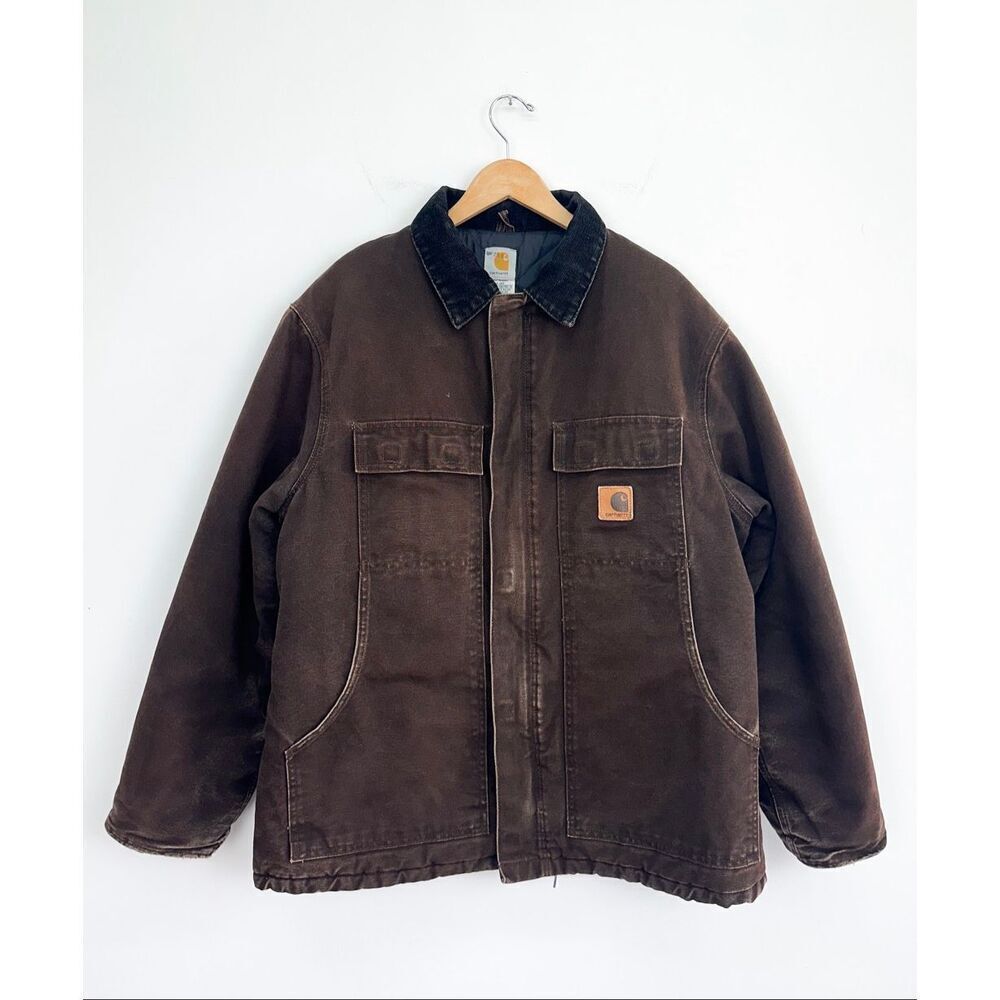 Carhartt Men’s C26 DKB Dark Brown Canvas Black Corduroy Collar Zip Work Jacket